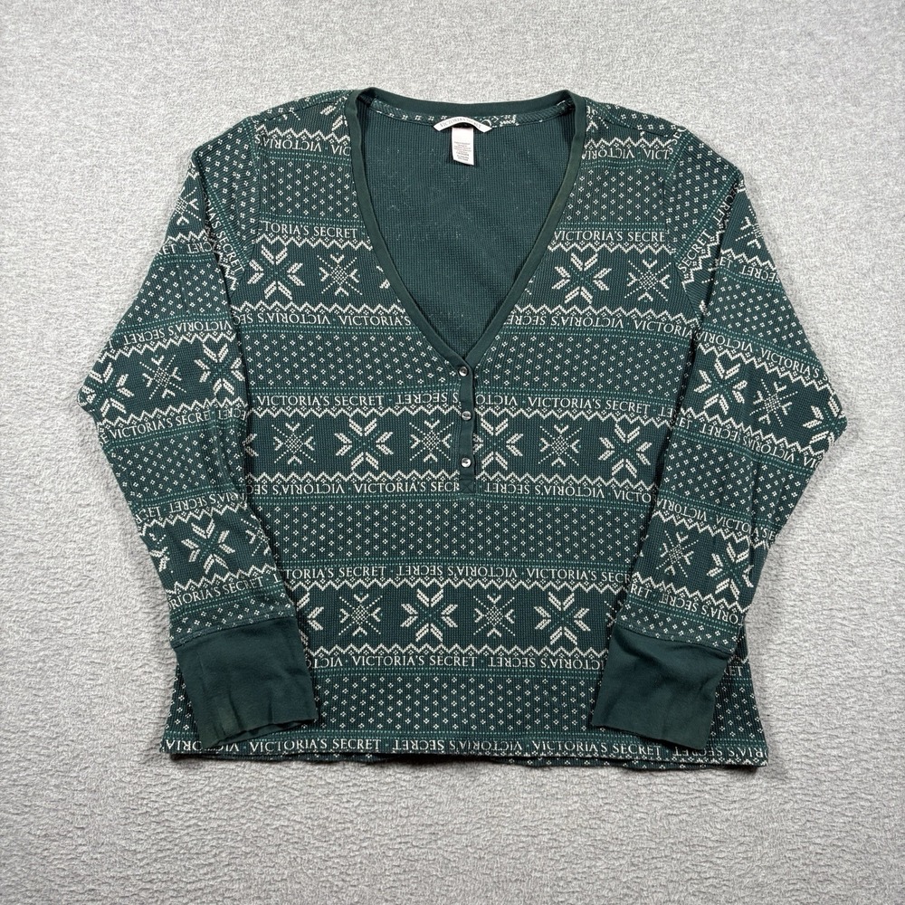 Victorias Secret Thermal Top XL Green Fair Isle Snowflake Henley Long Sleeve